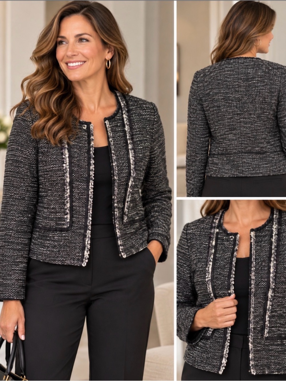 Vince Women’s Size 4 Black White Tweed Cropped Open Front Jacket Blazer